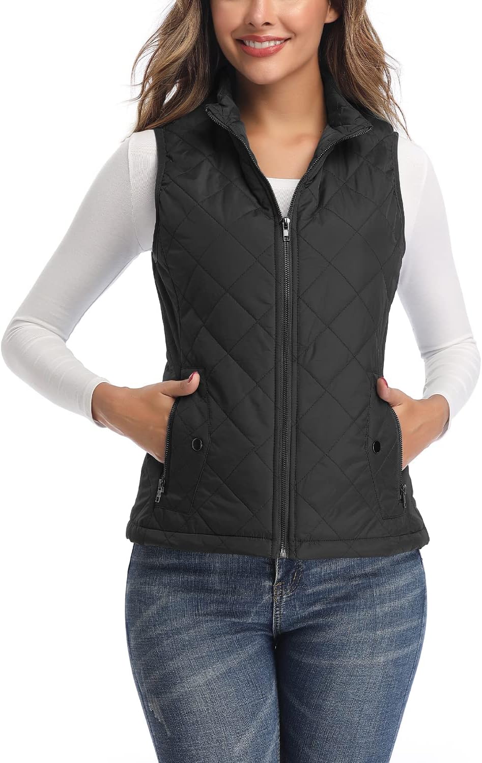LONGKING Women's Quilted Vest Lightweight Packable Puffer Gilet | Stand Collar, 2 zippered Pockets, Breathable Sleeveless Design, Machine Washable, Easy to Pack for Daily