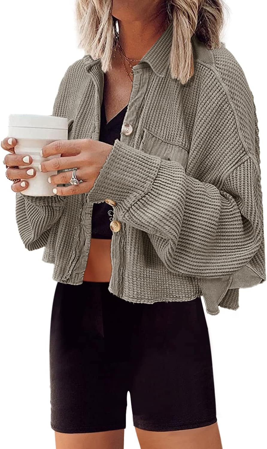 Women's Waffle-Knit Cropped Shacket in Dusty Khaki, view 4