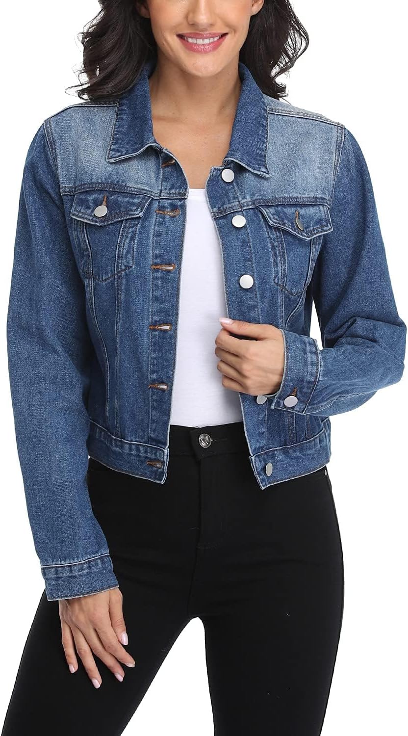 andy & natalie Women's Denim Jackets Cropped Long Sleeve Basic Button Down Crop Jean Shacket with Pockets
