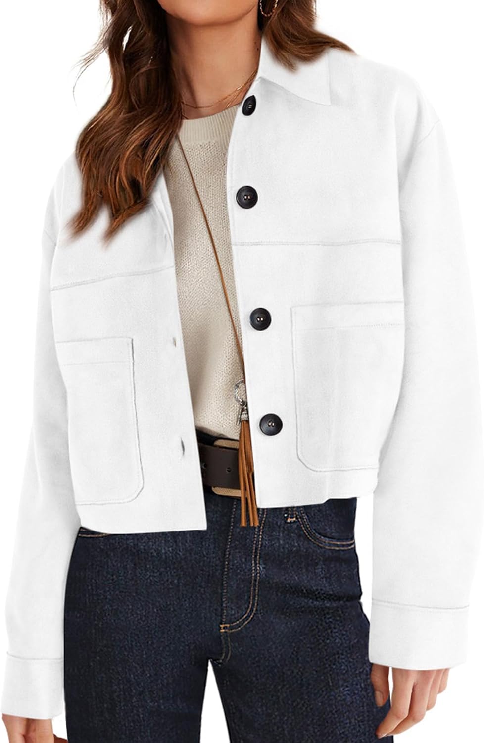 Women's Cropped Faux Suede Shacket in White, view 11
