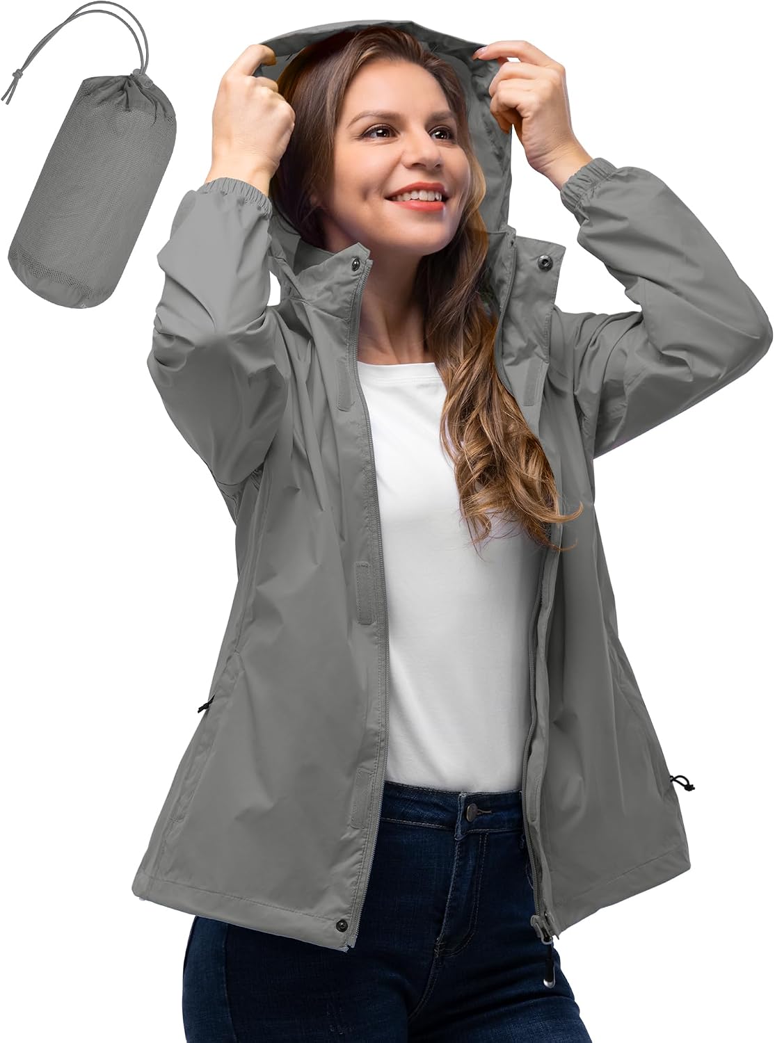 33,000ft Women's Rain Jacket Waterproof Lightweight Packable Raincoat | Breathable, Foldable Hood, Unlined, 0.55lb, Fully Seams Taped, 4 Pockets, for Golf, Hiking, Travel, Windbreaker