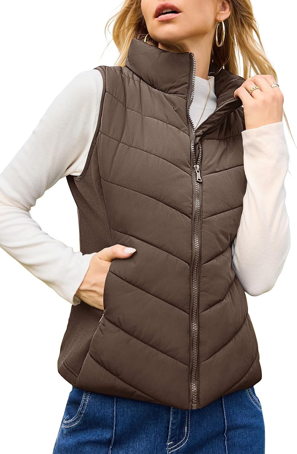 Women's Chevron-Quilted Puffer Vest in Brown, view 6