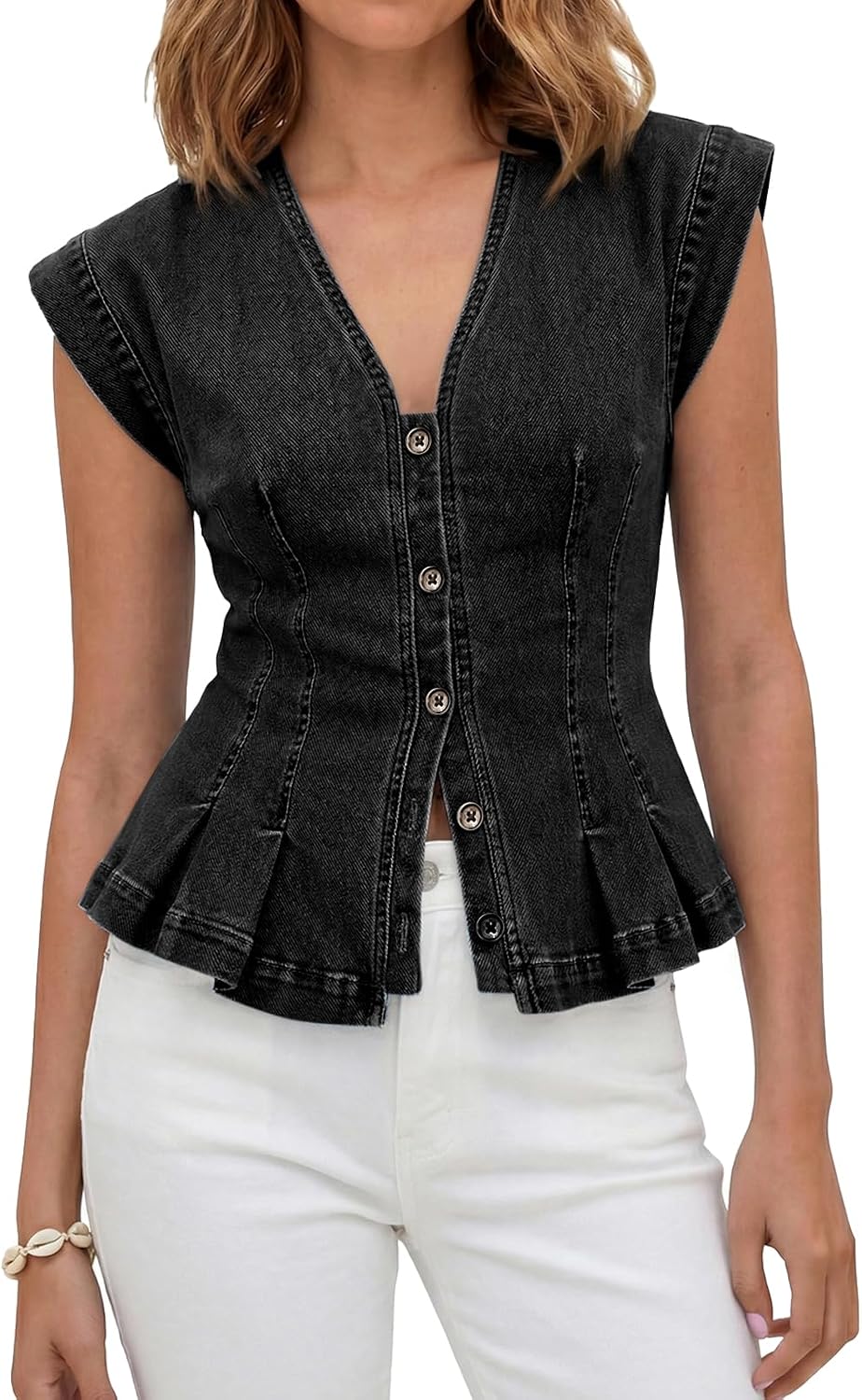 Tankaneo Womens Denim Vests Tops Summer Casual Y2k Fitted Pleated Jean Tops | Cap Sleeve, V Neck, Slim Fit, Button Down Denim Tops, Cute, Trendy, Western Outfits