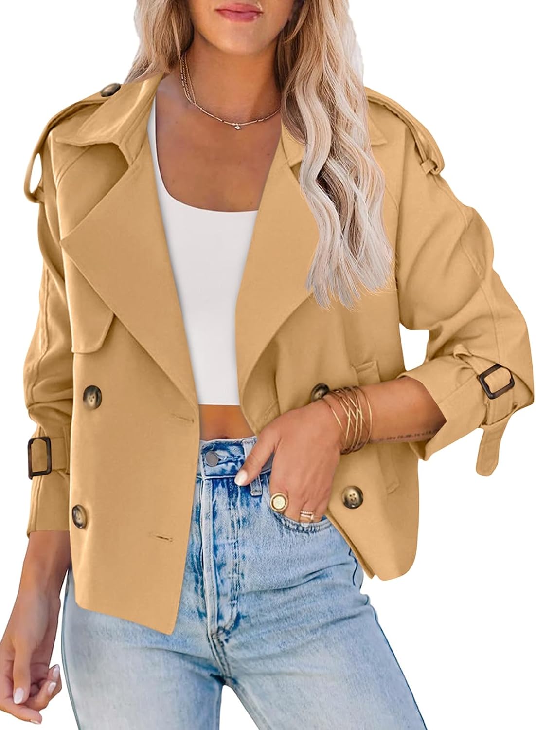Women's Cropped Trench Jacket in Khaki, view 7