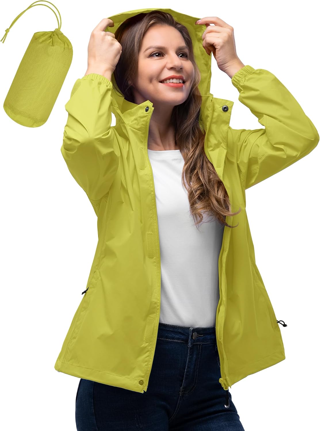 33,000ft Women's Rain Jacket Waterproof Lightweight Packable Raincoat | Breathable, Foldable Hood, Unlined, 0.55lb, Fully Seams Taped, 4 Pockets, for Golf, Hiking, Travel, Windbreaker