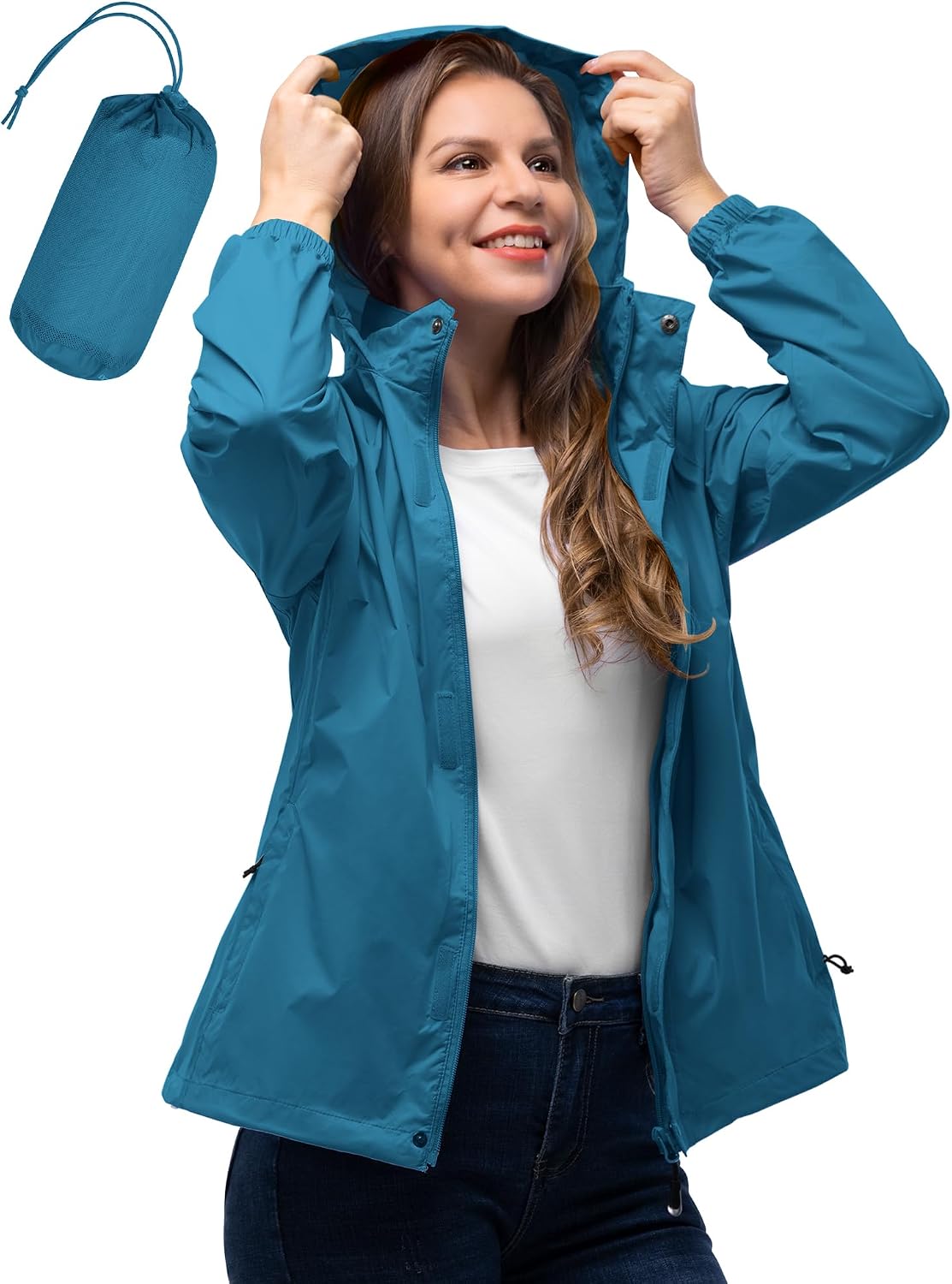 33,000ft Women's Rain Jacket Waterproof Lightweight Packable Raincoat | Breathable, Foldable Hood, Unlined, 0.55lb, Fully Seams Taped, 4 Pockets, for Golf, Hiking, Travel, Windbreaker