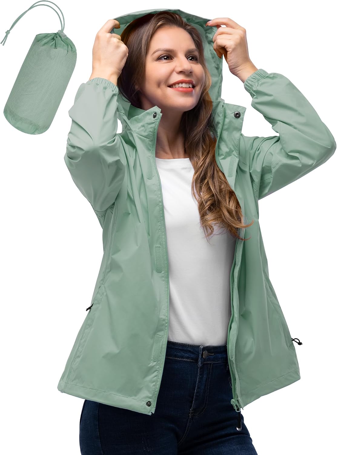 33,000ft Women's Rain Jacket Waterproof Lightweight Packable Raincoat | Breathable, Foldable Hood, Unlined, 0.55lb, Fully Seams Taped, 4 Pockets, for Golf, Hiking, Travel, Windbreaker