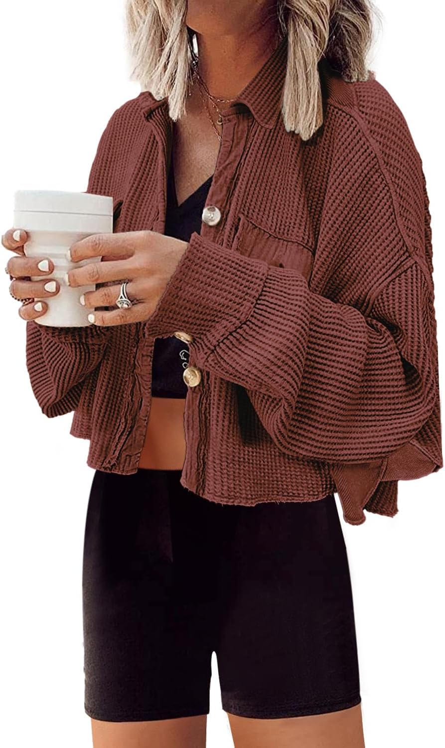 Panadila Womens Waffle Knit Jacket Cropped Cardigan | Button Down Shirt, Long Sleeve Shacket, Classic Outwear with Pocket, Short Jacket, Trendy, Casual
