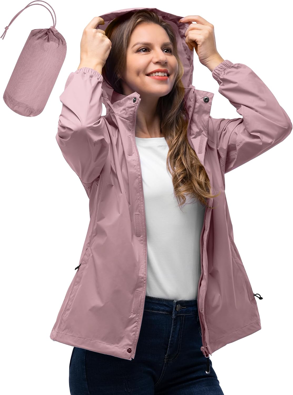 33,000ft Women's Rain Jacket Waterproof Lightweight Packable Raincoat | Breathable, Foldable Hood, Unlined, 0.55lb, Fully Seams Taped, 4 Pockets, for Golf, Hiking, Travel, Windbreaker