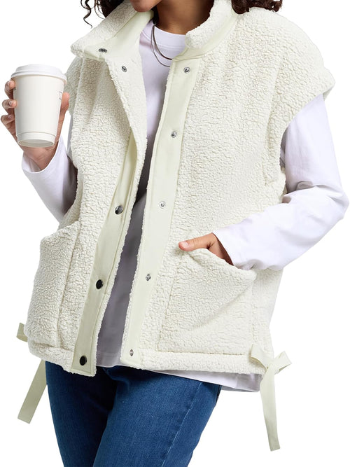 AKEWEI Womens Fuzzy Fleece Jacket Casual Button Down Cap Sleeve Vest | Drawstring Hem, Womens Vest with Pockets, Lightweight and Loose Fit, Suitable for Daily Wear and Layering in Fall and Winter