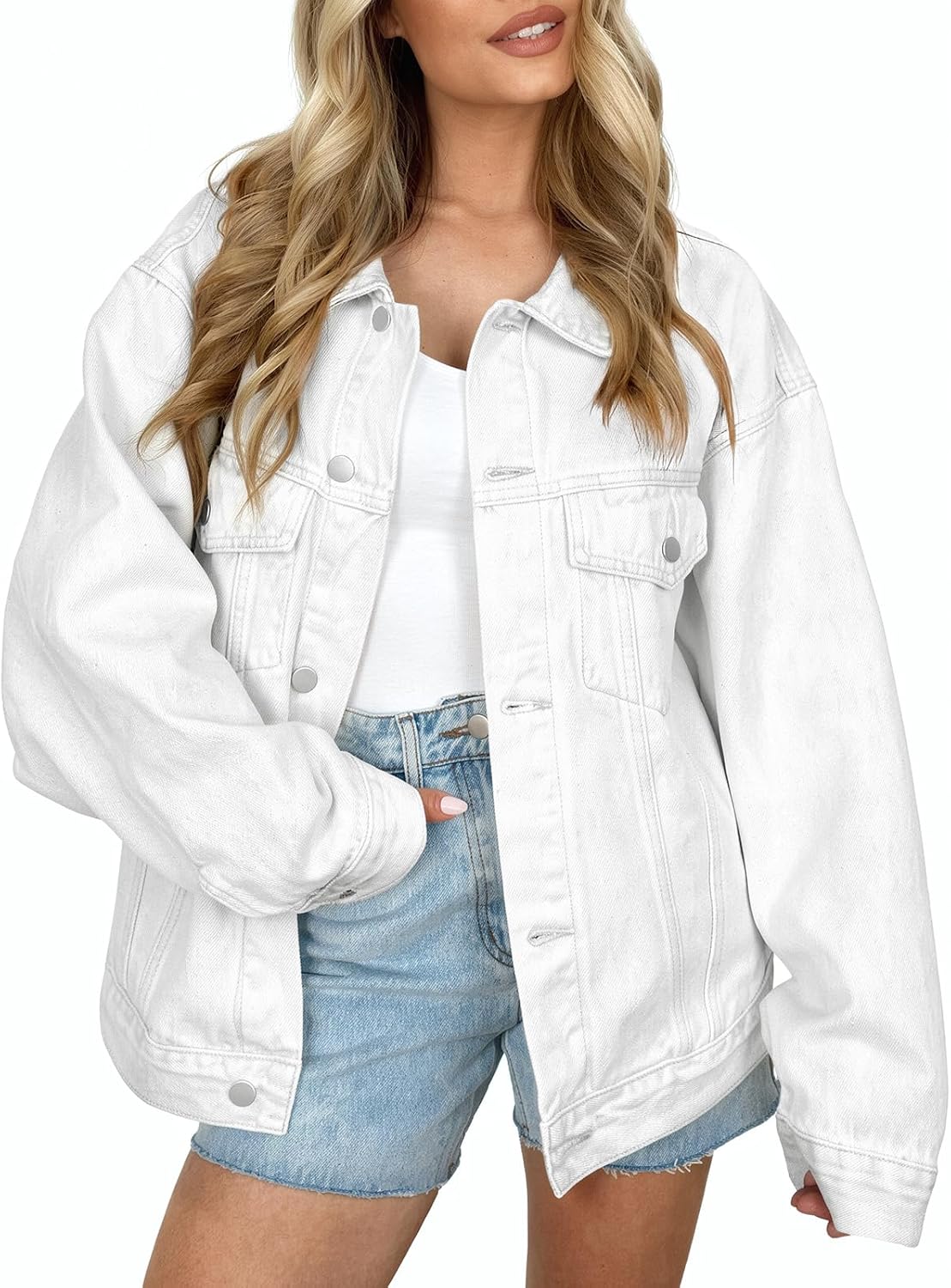 AUTOMET Women's Button Down Oversized Jeans Jacket with Pockets | Classic Denim Jacket with Chest Pockets, Loose Fit Boyfriend Style Coat for Fall