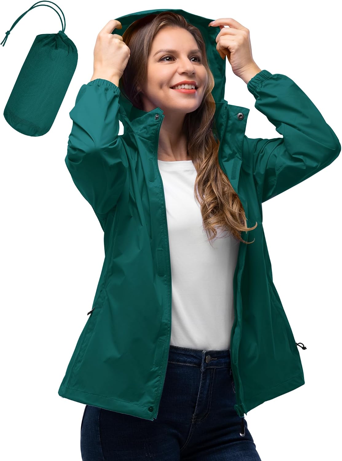 33,000ft Women's Rain Jacket Waterproof Lightweight Packable Raincoat | Breathable, Foldable Hood, Unlined, 0.55lb, Fully Seams Taped, 4 Pockets, for Golf, Hiking, Travel, Windbreaker
