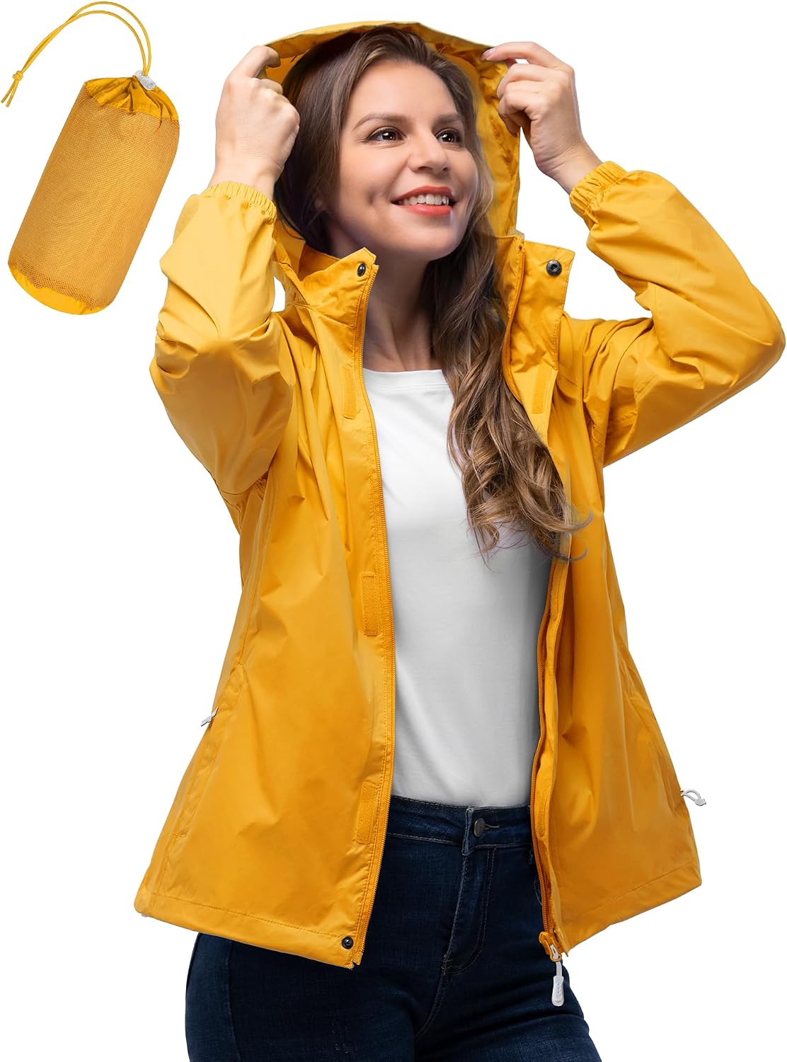 33,000ft Women's Rain Jacket Waterproof Lightweight Packable Raincoat | Breathable, Foldable Hood, Unlined, 0.55lb, Fully Seams Taped, 4 Pockets, for Golf, Hiking, Travel, Windbreaker