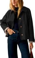Dqbeng Womens Short Trench Jacket Plaid Lining Button Front Lightweight Classic Casual Outerwear with Pockets