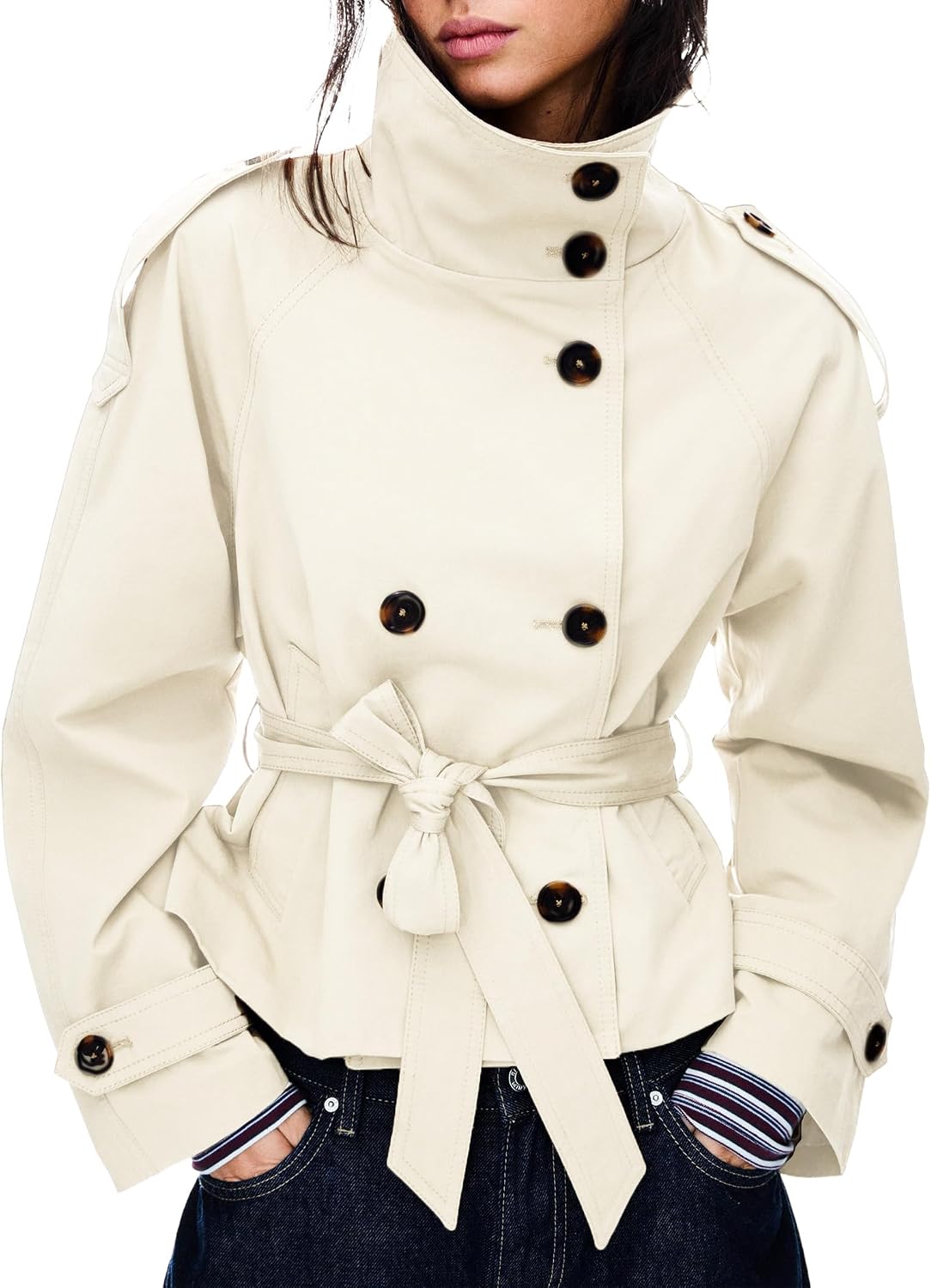 Maohao Women's Cropped Trench Coat Double Breasted Short Jacket High Collar Fall Winter Coats Trendy Outfit with Belt