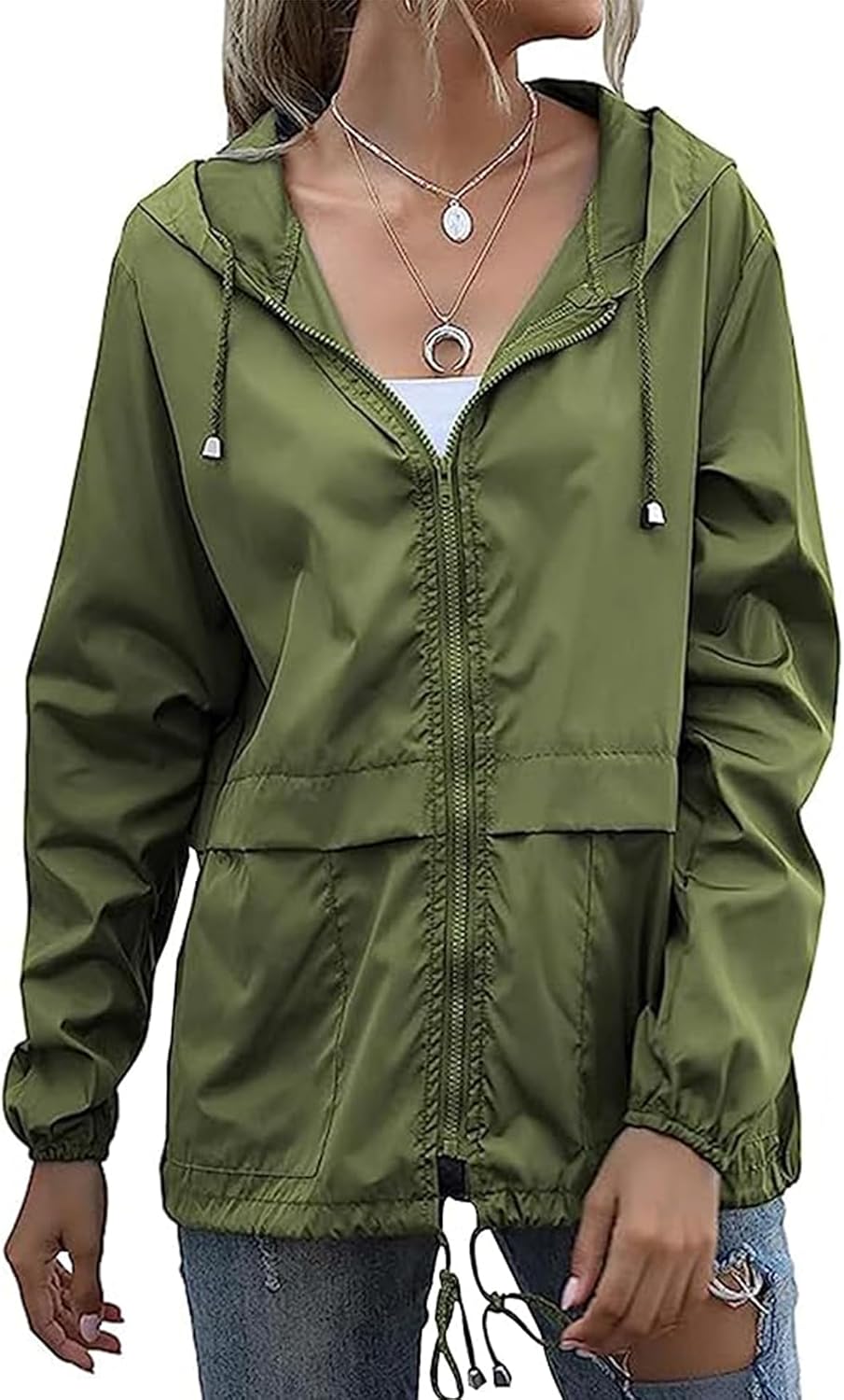 Women's Hooded Rain Shell in Army Green, view 2