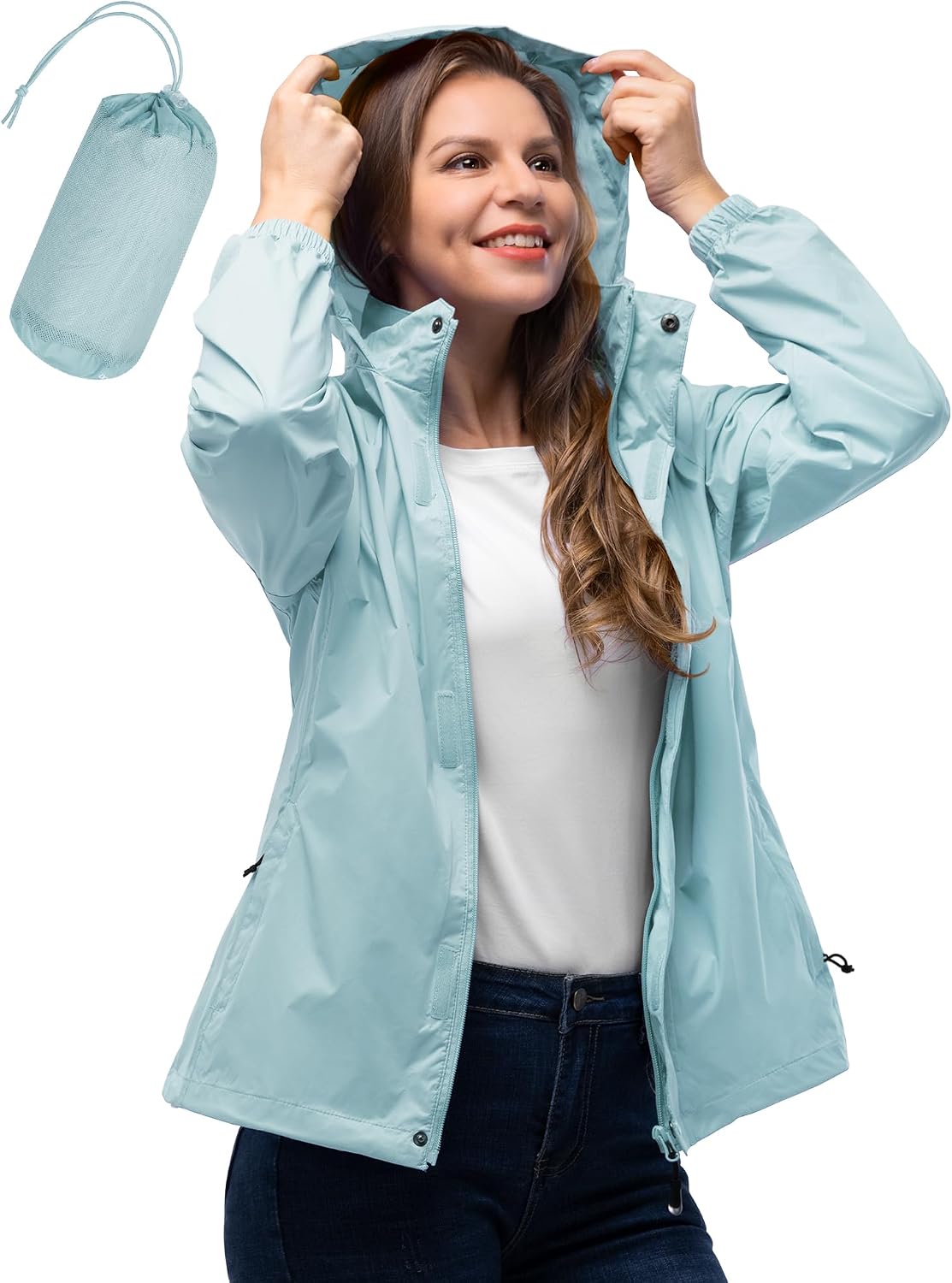 33,000ft Women's Rain Jacket Waterproof Lightweight Packable Raincoat | Breathable, Foldable Hood, Unlined, 0.55lb, Fully Seams Taped, 4 Pockets, for Golf, Hiking, Travel, Windbreaker