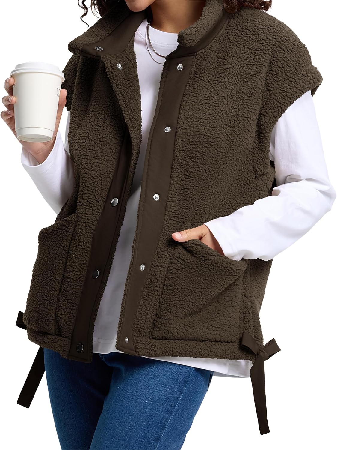 AKEWEI Womens Fuzzy Fleece Jacket Casual Button Down Cap Sleeve Vest | Drawstring Hem, Womens Vest with Pockets, Lightweight and Loose Fit, Suitable for Daily Wear and Layering in Fall and Winter