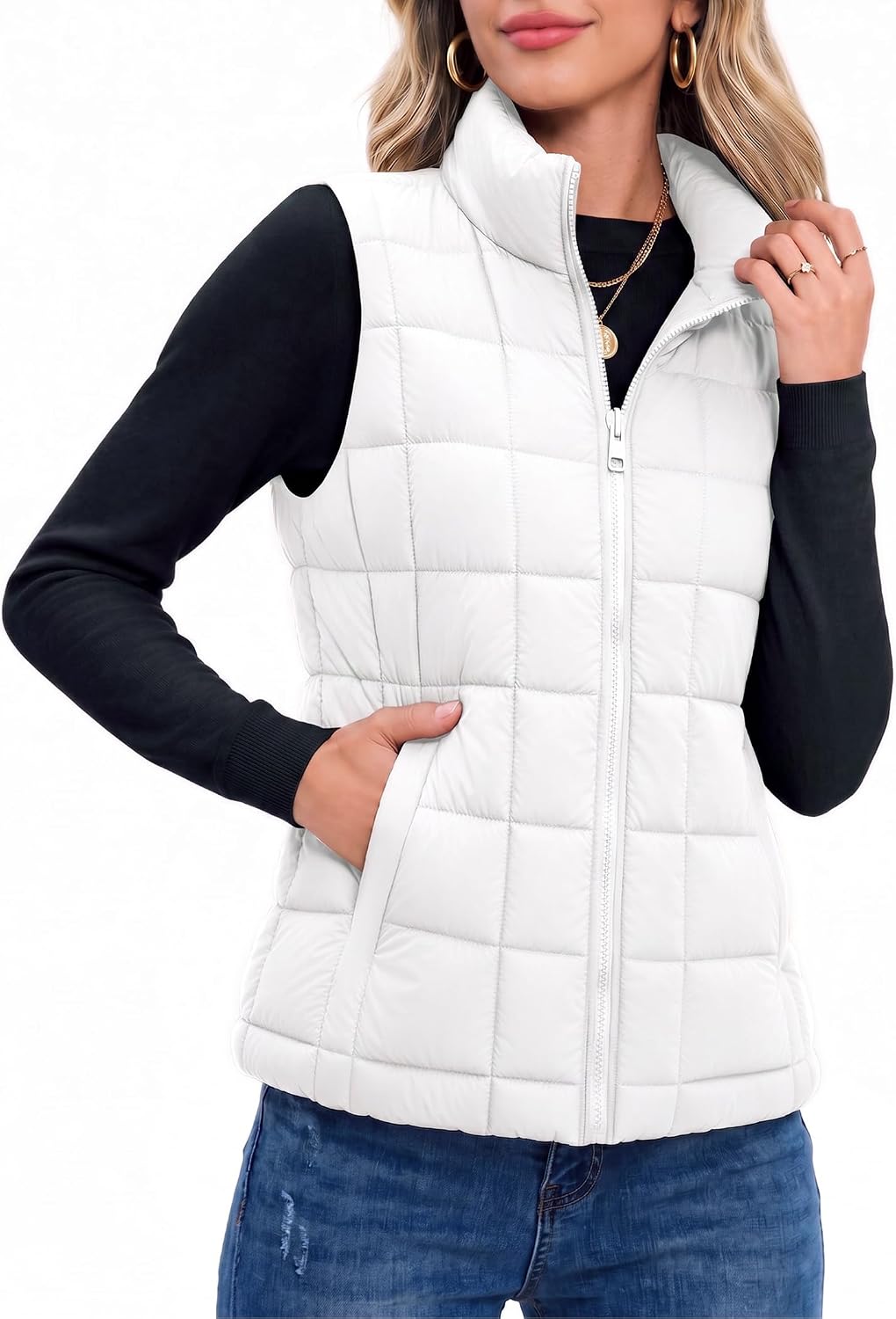 Women's Box-Quilted Puffer Vest in White, view 8