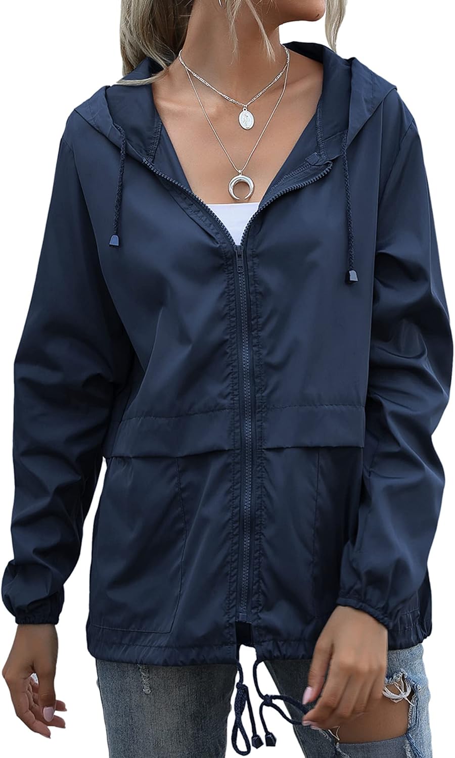 Women's Hooded Rain Shell in Navy Blue, view 4