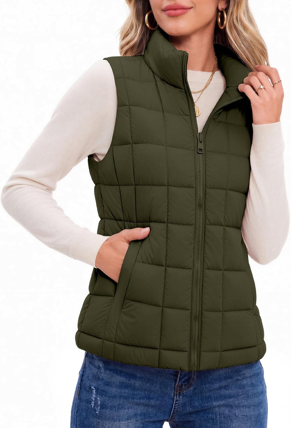 Zeagoo Womens Lightweight Quilted Puffer Vest Stand Collar Zip Up Outerwear | Casual Zip Up Quilted Puffer Vest for Layering Outfits, Sleeveless Lightweight Winter Outerwear with Pockets