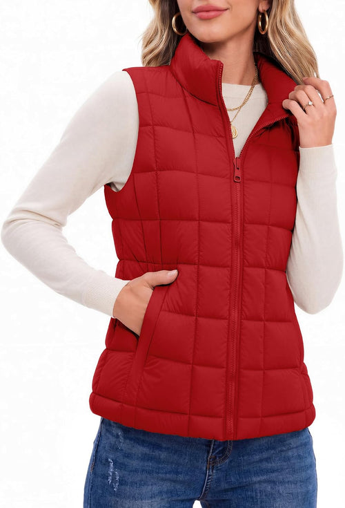 Women's Box-Quilted Puffer Vest in Red, view 2