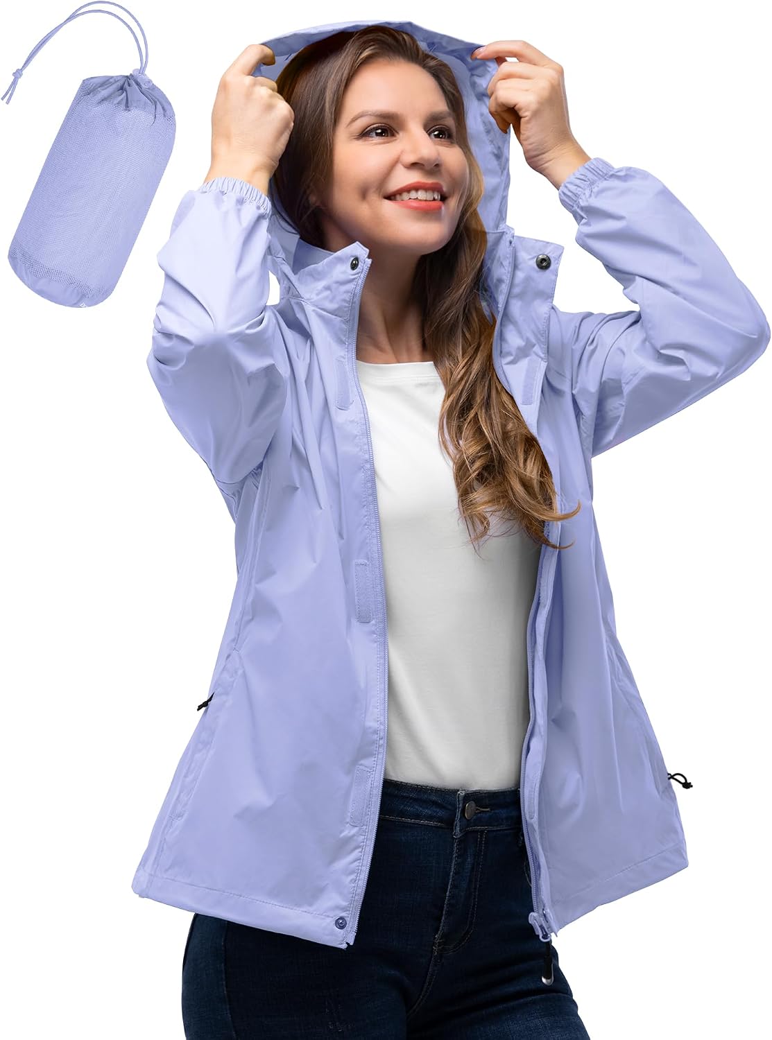 33,000ft Women's Rain Jacket Waterproof Lightweight Packable Raincoat | Breathable, Foldable Hood, Unlined, 0.55lb, Fully Seams Taped, 4 Pockets, for Golf, Hiking, Travel, Windbreaker