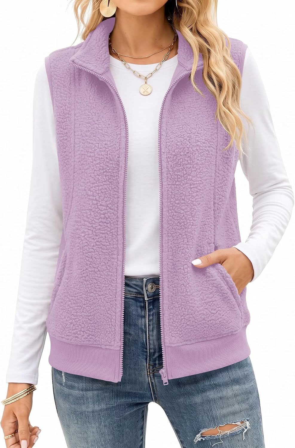 AKEWEI Womens Sherpa Fleece Vest Trendy Warm Sleeveless Vests Jacket | Lightweight Zip Jackets Warm Soft Vests with Pockets