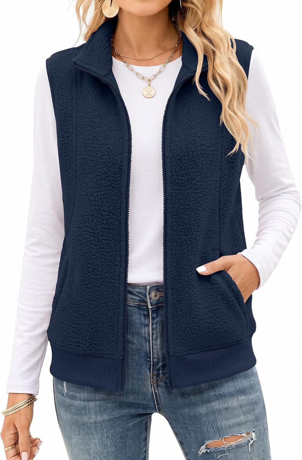 AKEWEI Womens Sherpa Fleece Vest Trendy Warm Sleeveless Vests Jacket | Lightweight Zip Jackets Warm Soft Vests with Pockets
