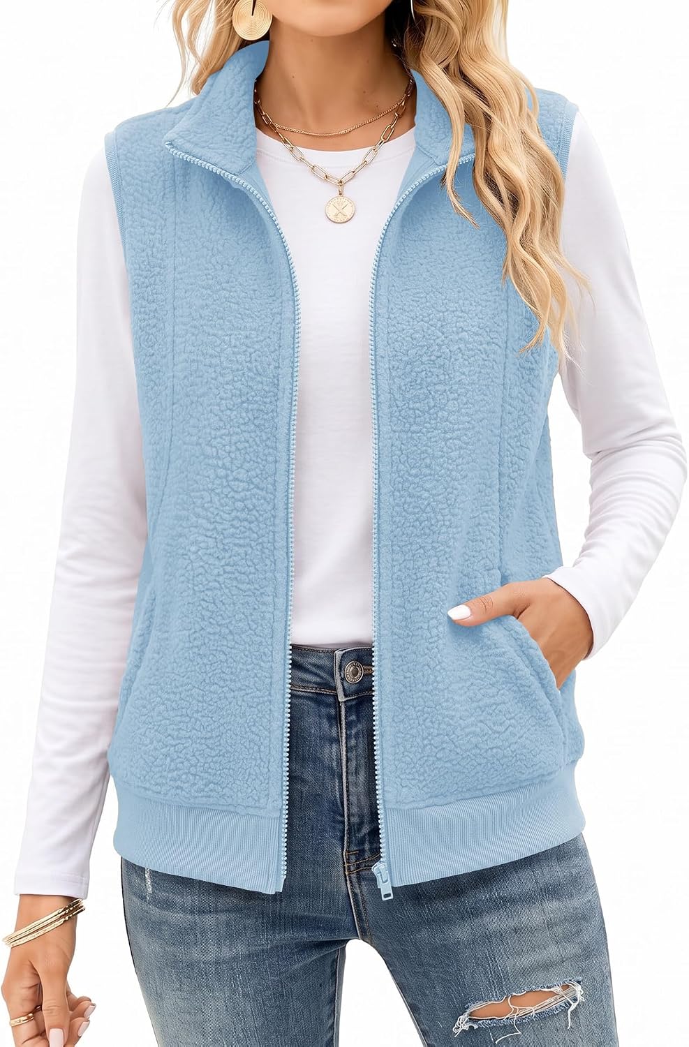 AKEWEI Womens Sherpa Fleece Vest Trendy Warm Sleeveless Vests Jacket | Lightweight Zip Jackets Warm Soft Vests with Pockets