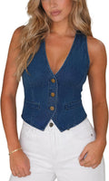 Ladyful Womens Denim Vest Sleeveless V Neck Jean Vest Top Waistcoat
