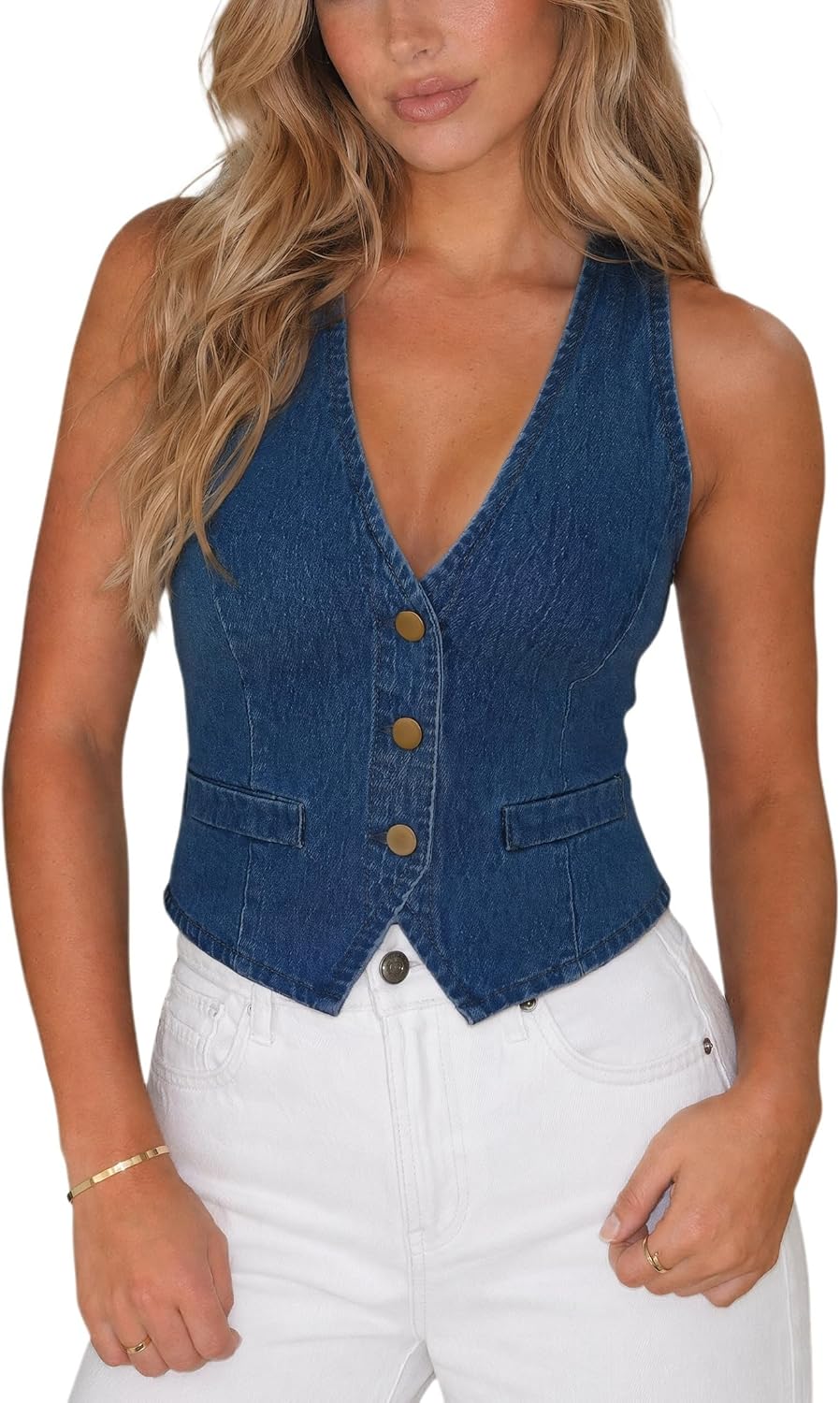 Ladyful Womens Denim Vest Sleeveless V Neck Jean Vest Top Waistcoat