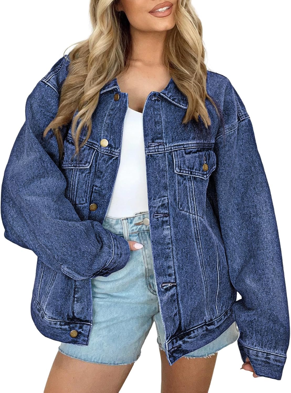 AUTOMET Women's Button Down Oversized Jeans Jacket with Pockets | Classic Denim Jacket with Chest Pockets, Loose Fit Boyfriend Style Coat for Fall