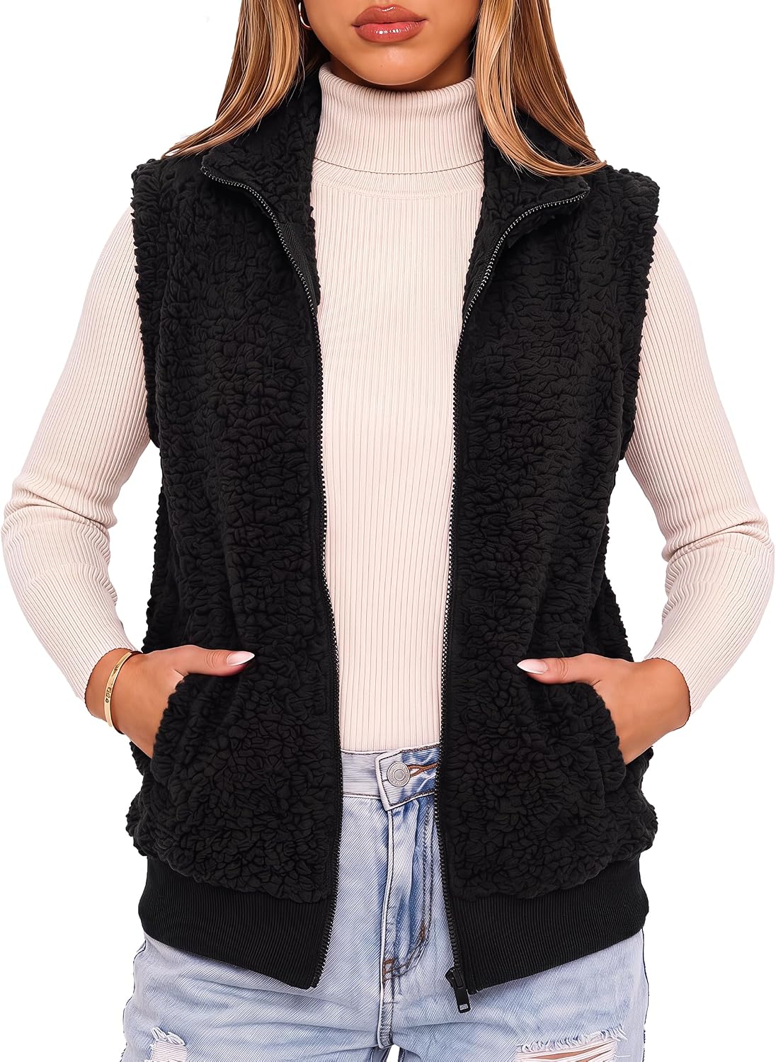 Bluetime Womens Fleece Fuzzy Vest Sleeveless Sherpa Jacket Outerwear | Zip Up Fluffy Coat with Pockets,Lightweight Stand Collar Vest,Women's Coats,Jackets & Vests,Trendy Fall and Winter Outfit