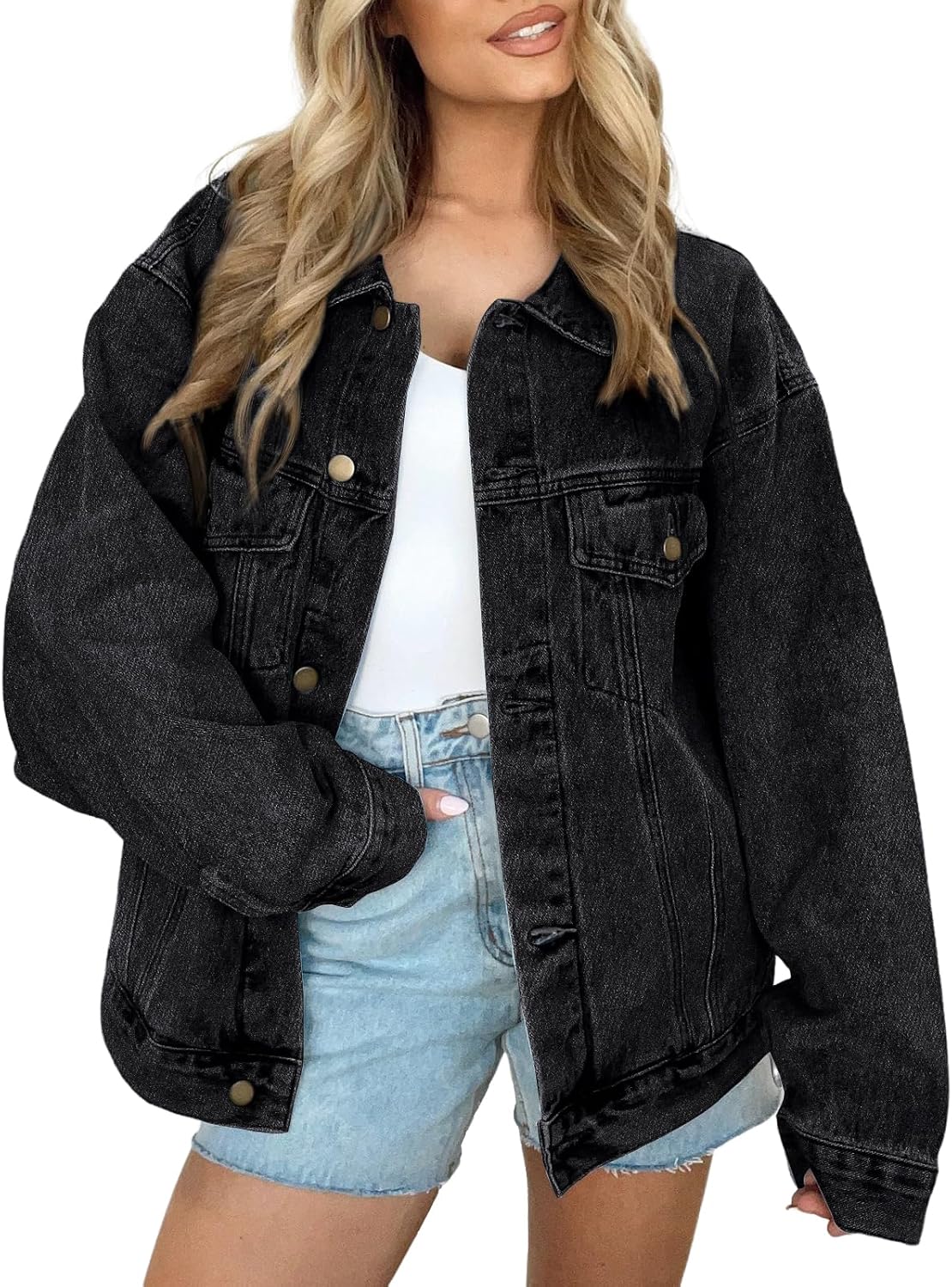 AUTOMET Women's Button Down Oversized Jeans Jacket with Pockets | Classic Denim Jacket with Chest Pockets, Loose Fit Boyfriend Style Coat for Fall