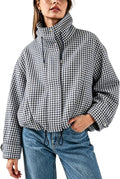 Esmeling Women Gingham Zipper Bomber Jacket Stand Collar Long Sleeve Jacket Cropped Outwear with Pockets