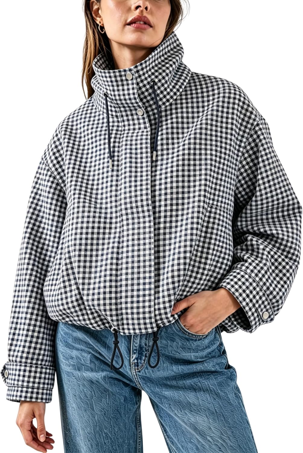 Esmeling Women Gingham Zipper Bomber Jacket Stand Collar Long Sleeve Jacket Cropped Outwear with Pockets