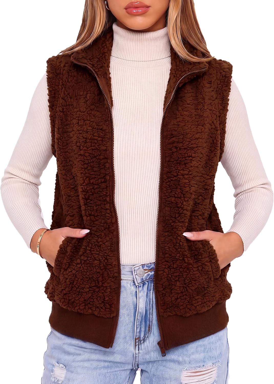 Bluetime Womens Fleece Fuzzy Vest Sleeveless Sherpa Jacket Outerwear | Zip Up Fluffy Coat with Pockets,Lightweight Stand Collar Vest,Women's Coats,Jackets & Vests,Trendy Fall and Winter Outfit
