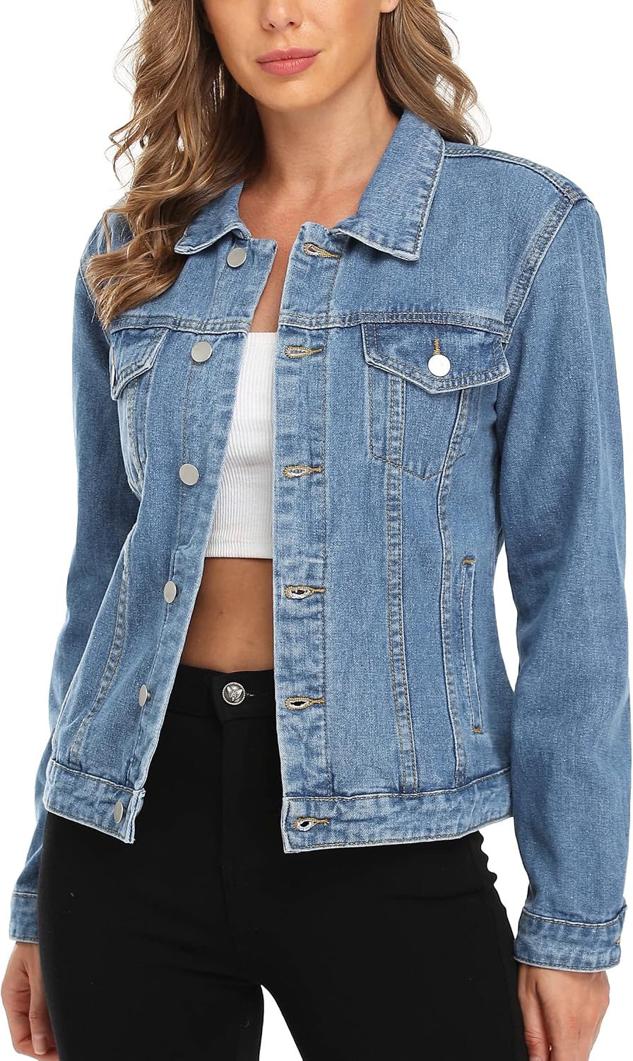 MISS MOLY Women's Denim Jacket Classic Button Up Jean Jacket | Long Sleeve, 6 Functional Pockets, Structured Seams, Casual Outing Trendy Coat Spring Fall for Layering