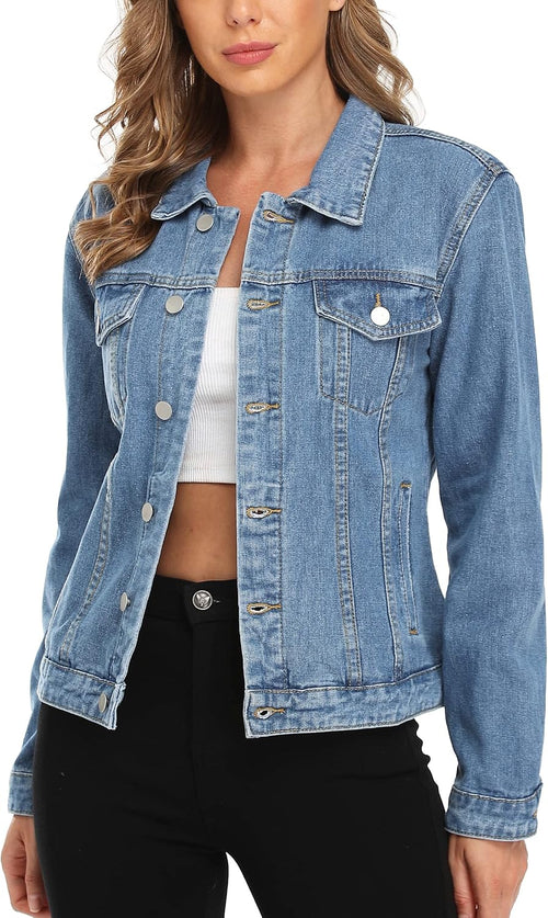 Women's Classic Denim Trucker Jacket with Six Pockets, front view