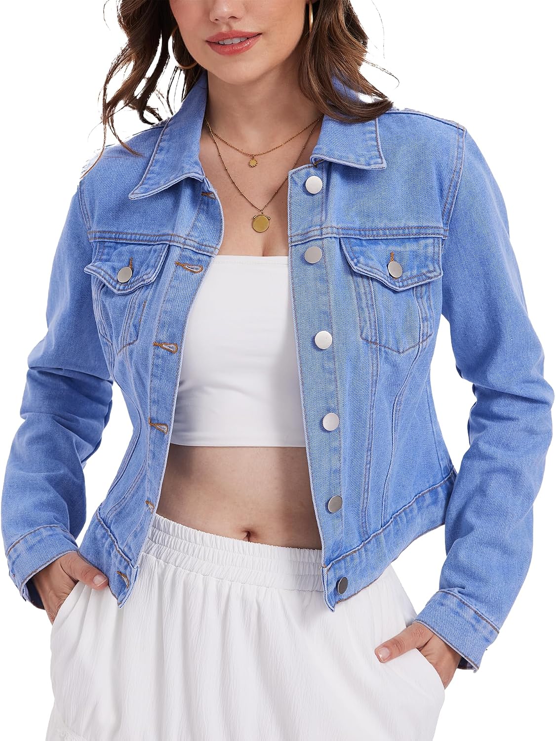 andy & natalie Women's Denim Jackets Cropped Long Sleeve Basic Button Down Crop Jean Shacket with Pockets