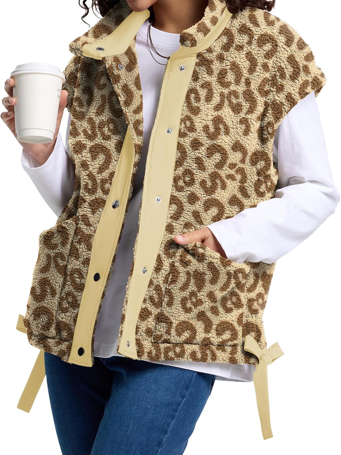 AKEWEI Womens Fuzzy Fleece Jacket Casual Button Down Cap Sleeve Vest | Drawstring Hem, Womens Vest with Pockets, Lightweight and Loose Fit, Suitable for Daily Wear and Layering in Fall and Winter