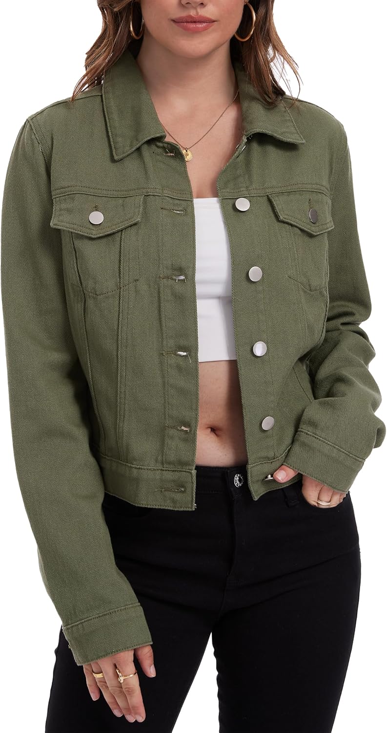 andy & natalie Women's Denim Jackets Cropped Long Sleeve Basic Button Down Crop Jean Shacket with Pockets
