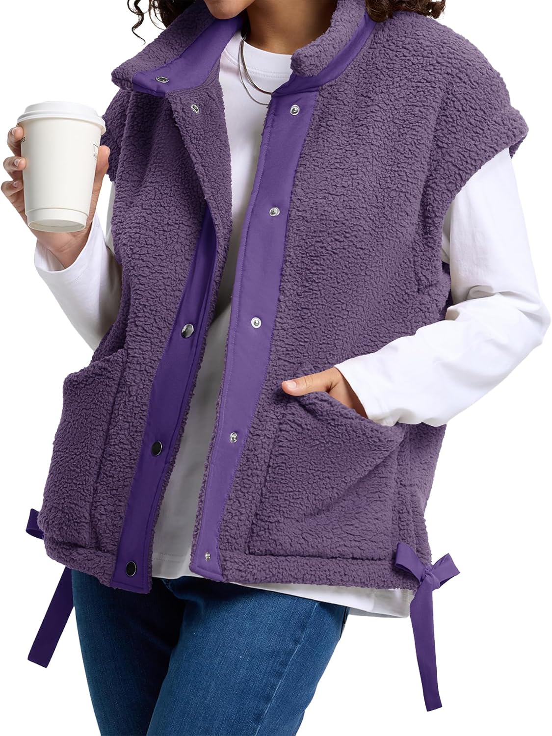 AKEWEI Womens Fuzzy Fleece Jacket Casual Button Down Cap Sleeve Vest | Drawstring Hem, Womens Vest with Pockets, Lightweight and Loose Fit, Suitable for Daily Wear and Layering in Fall and Winter