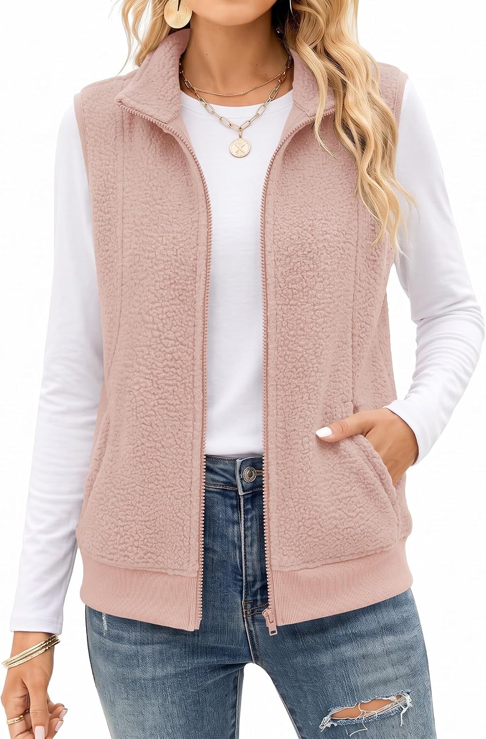 AKEWEI Womens Sherpa Fleece Vest Trendy Warm Sleeveless Vests Jacket | Lightweight Zip Jackets Warm Soft Vests with Pockets
