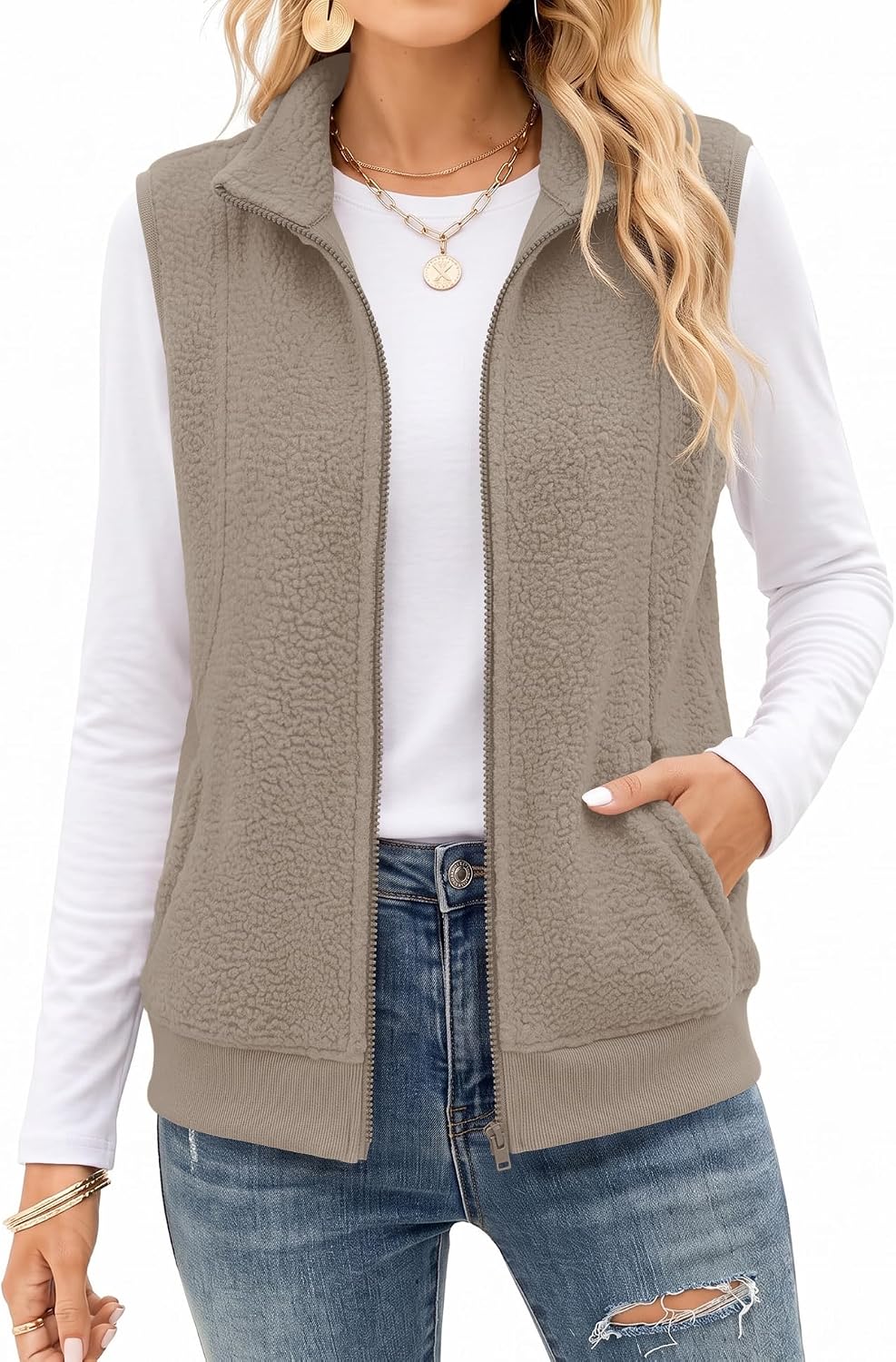 AKEWEI Womens Sherpa Fleece Vest Trendy Warm Sleeveless Vests Jacket | Lightweight Zip Jackets Warm Soft Vests with Pockets