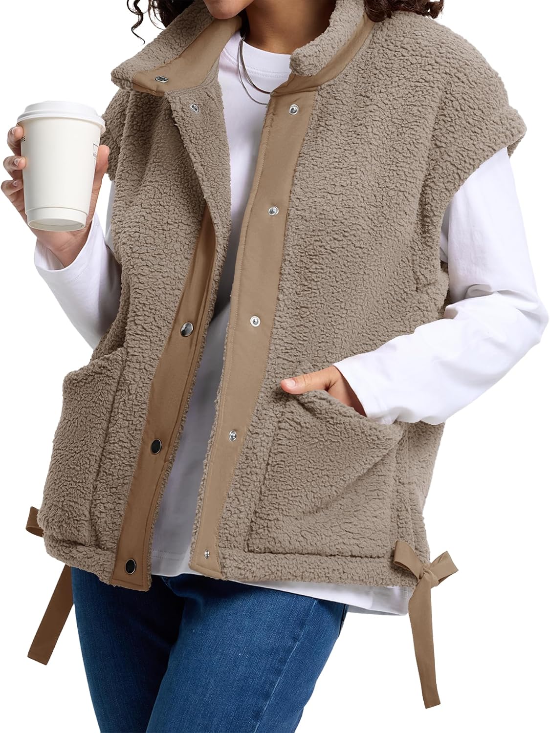 AKEWEI Womens Fuzzy Fleece Jacket Casual Button Down Cap Sleeve Vest | Drawstring Hem, Womens Vest with Pockets, Lightweight and Loose Fit, Suitable for Daily Wear and Layering in Fall and Winter