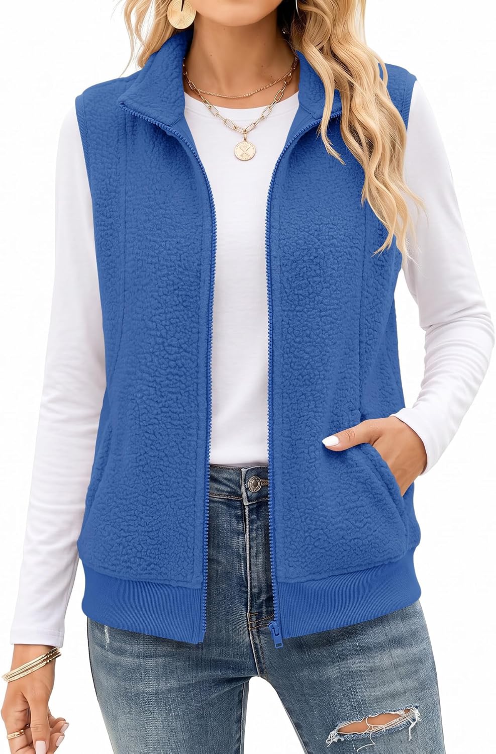AKEWEI Womens Sherpa Fleece Vest Trendy Warm Sleeveless Vests Jacket | Lightweight Zip Jackets Warm Soft Vests with Pockets