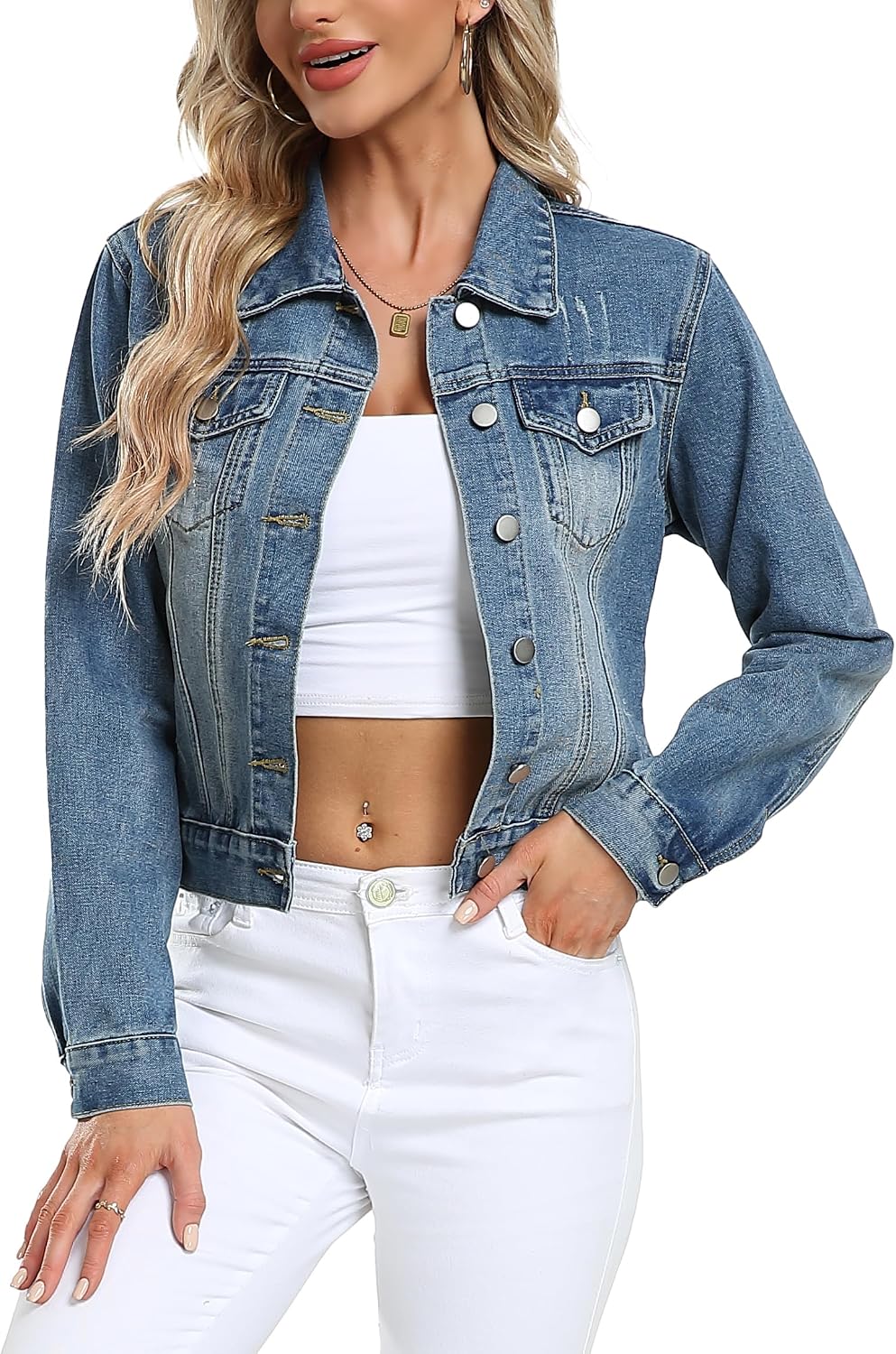 andy & natalie Women's Denim Jackets Cropped Long Sleeve Basic Button Down Crop Jean Shacket with Pockets