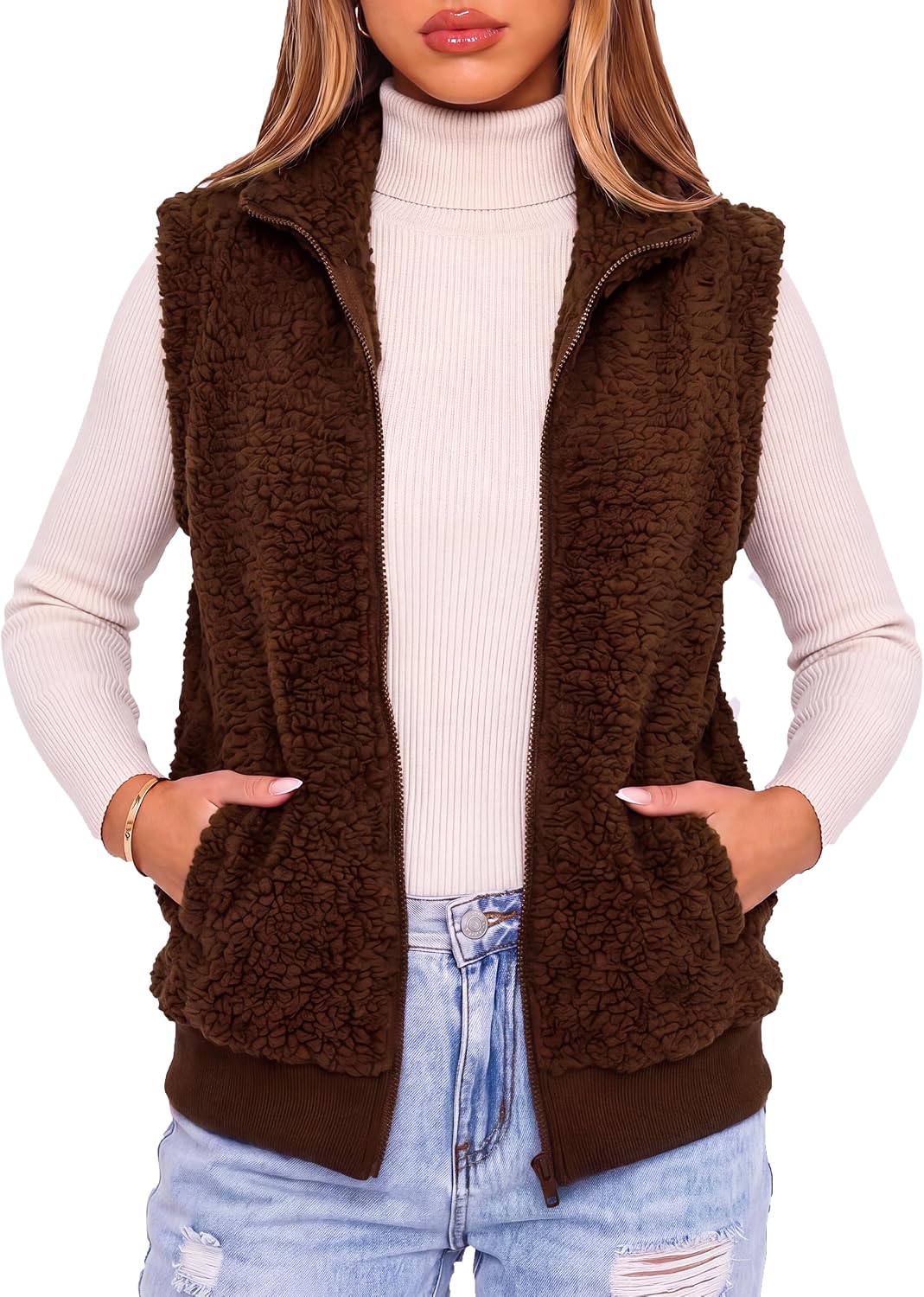 Bluetime Womens Fleece Fuzzy Vest Sleeveless Sherpa Jacket Outerwear | Zip Up Fluffy Coat with Pockets,Lightweight Stand Collar Vest,Women's Coats,Jackets & Vests,Trendy Fall and Winter Outfit